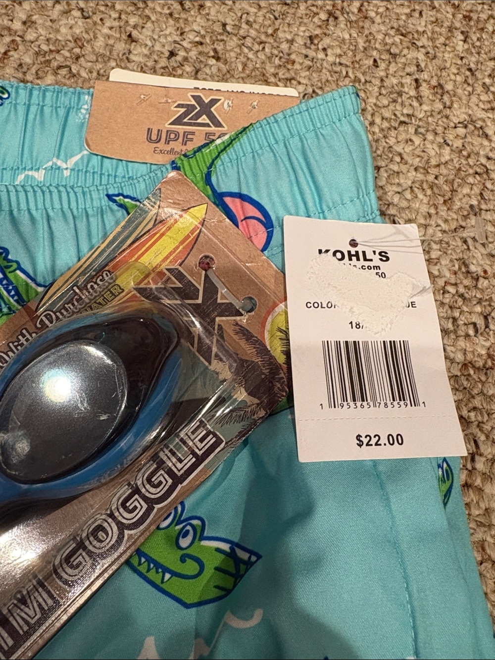 Light Aqua Alligator Swim Trunks with Surf Print - Picture 2 of 3